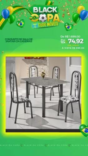 Conjunto de jantar em aço com tampo em granito e 4 cadeiras 