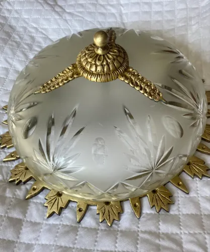 Plafon Antigo Em Bronze Maciço E Vidro Lapidado Estilo Império