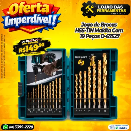 Jogo de Brocas HSS-TIN Makita Com 19 Peças D-67527