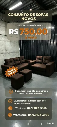 Na compra dos sofás 2 e 3 lugares, ganhe 2 puffs, tudo completamente novo.