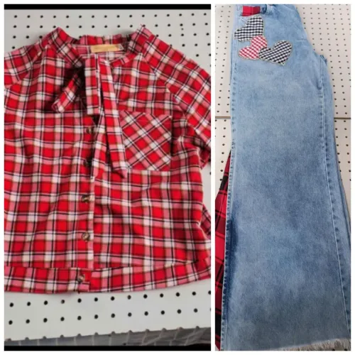 Cropped feminina xadrez com laço no pescoço Miss Fashion Tam M e Calça Jeans 38