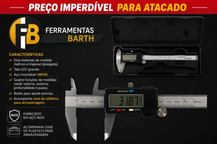 Paquimetro Digital em Aço Inox-Alta precisão,Display LCD e Medição em mm/Polegada