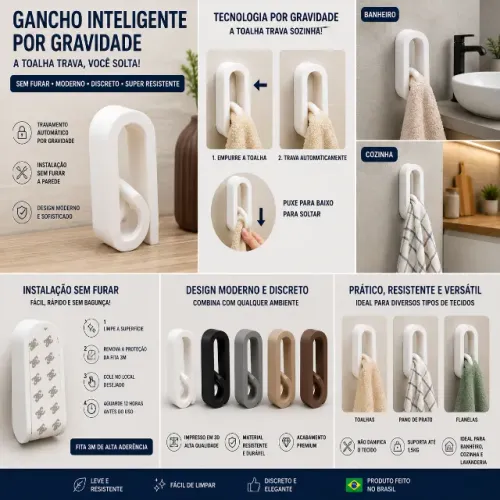 Gancho Inteligente para Toalha por Gravidade | Sem Furos | Fita 3M