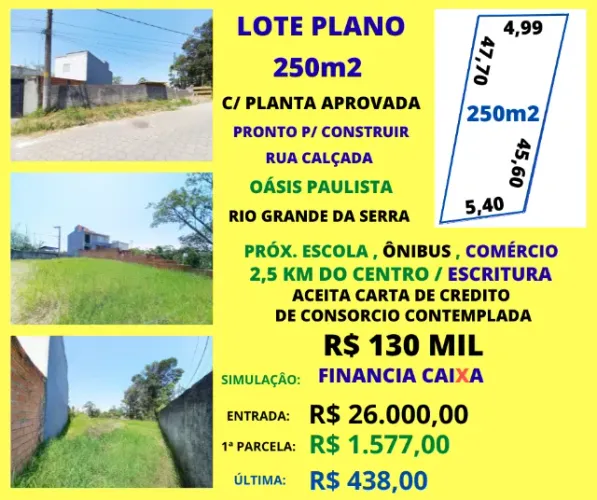Lote 250m2 Plano Planta Aprovada p/ Construir Oasis Paulista Financia Caixa 20% Entrada