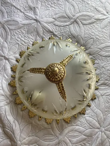 Plafon Antigo Em Bronze Maciço E Vidro Lapidado Estilo Império