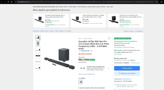 JBL BAR 800 Dolby Atmos 5.1.2 | Surround Sem Fio |  Nova  (Comprado 20/05/2026)?