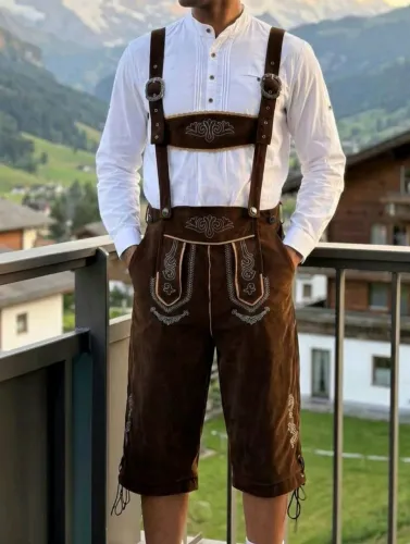 Lederhosen bordados para a Oktoberfest, tamanho M. Veludo sintético.