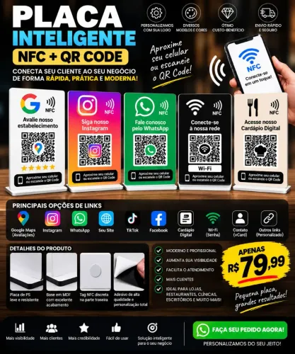 Placas Qrcode com NFC. Placa aproximação