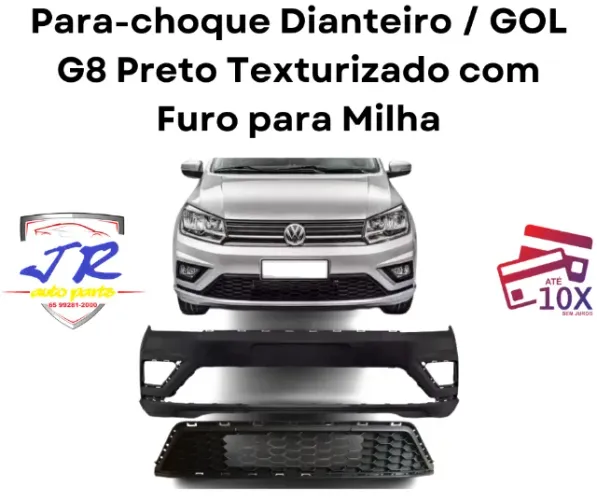 Para-choque Dianteiro com grade central GOL G8 Preto Texturizado com Furo para Milha