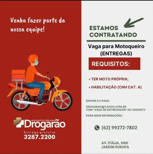 Oferta de emprego para entregador com moto