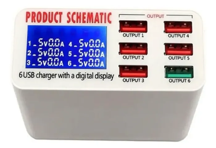 Carregador USB 6 Portas com Display Digital