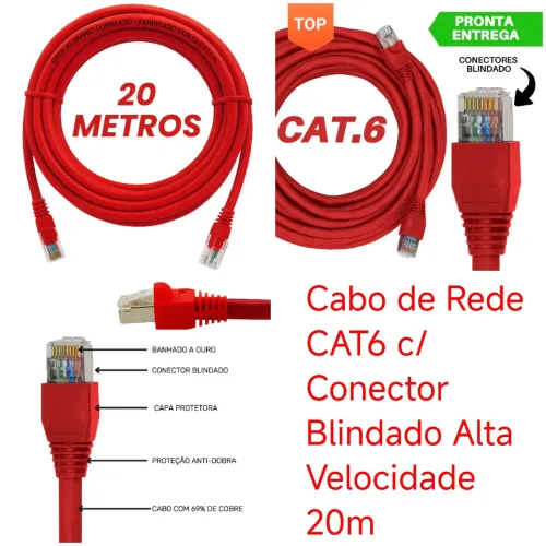 Cabo de Rede CAT6 c/ Conector Blindado Alta Velocidade 20m
