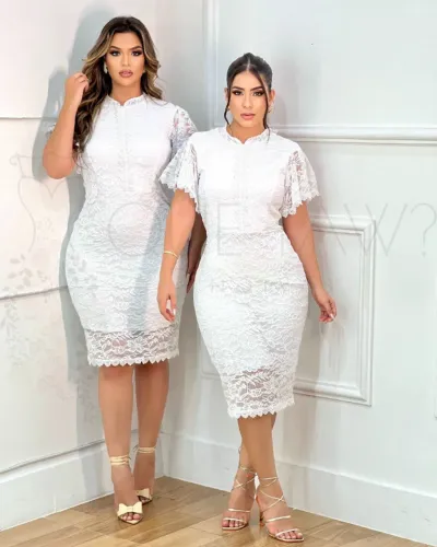 VESTIDO BRANCO DE NOIVA CIVIL PRÉ-WEDDING BATIZADO TUBINHO MANGA CURTA COM BOJO