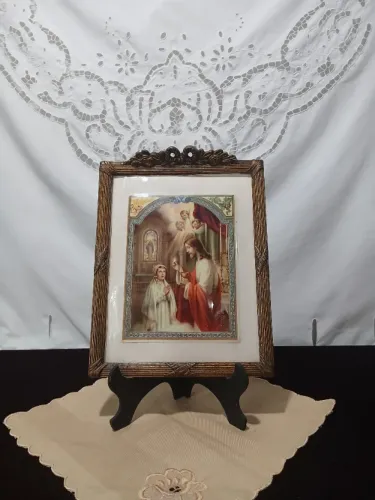 Antigo Quadro Com Gravura Primeira Comunhão Vidro Bombe