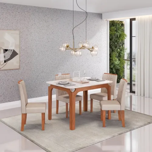 Mesa de jantar em madeira com vidro e cadeiras em madeira maciça 