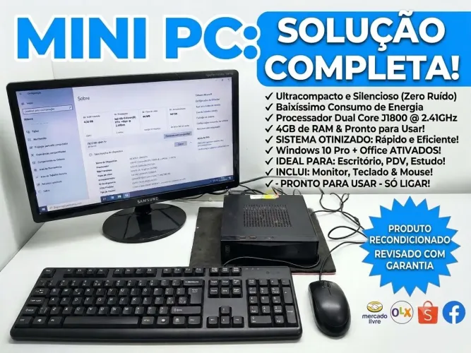 Mini PC Completo Intel | 4GB RAM | Windows 10 + Office | Monitor, Teclado e Mouse