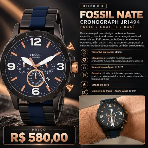 RELÓGIO FOSSIL NATE CRONOGRAPH JR1494 - PRETO / MARINHO / ROSÉ