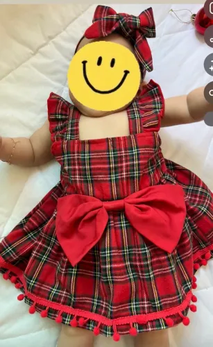 Vestido body pra bebê xadrez vermelho com tiara