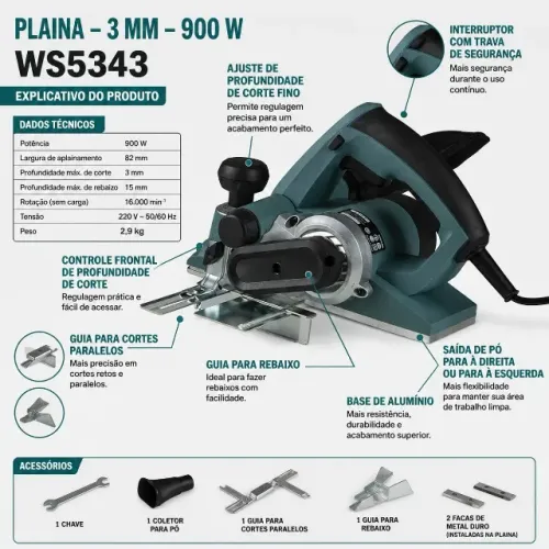 Plaina 82mm 900w Mod Ws5343 Wesco + Guia + Facas instal