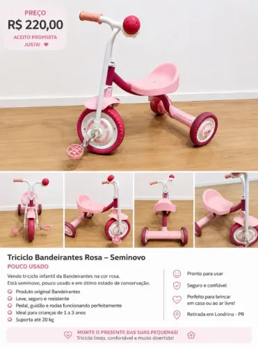Triciclo Infantil Bandeirantes Rosa Seminovo