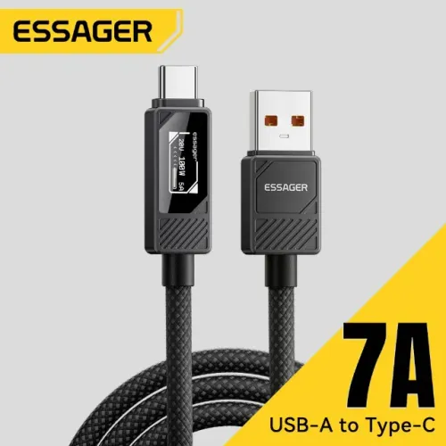 Cabo USB-A para Tipo-C 100W / 7A ( 2 metros ) com Display Digital LED, Malha Trançada