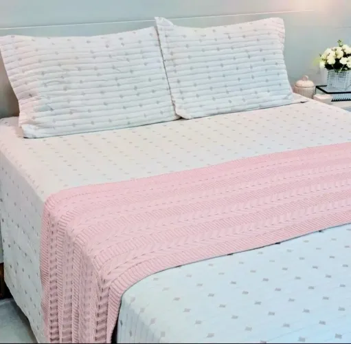 Passadeira Cama De Casal Tricôt Manta Decorativa 230X60Cm Rosa Nova