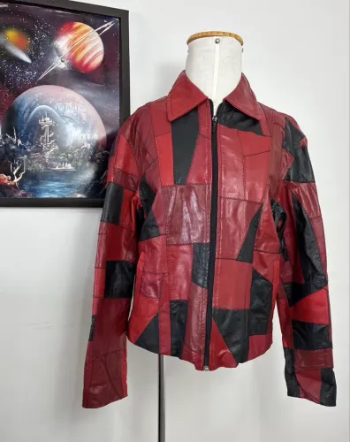 jaqueta de couro legítimo patchwork m