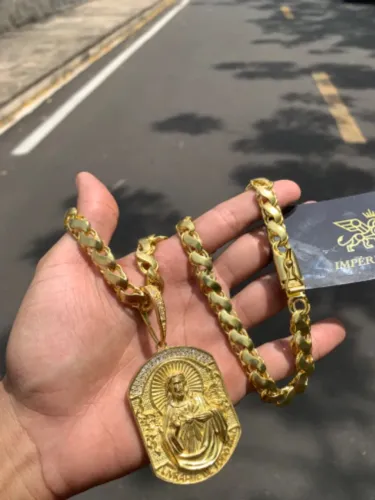 Corrente friso s 8mm + pingente premium 100% moeda antiga idêntico ao ouro 18k