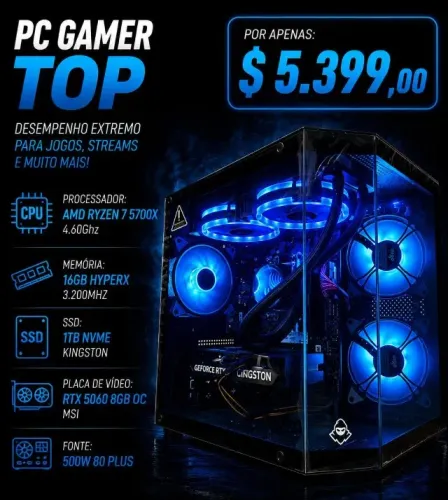 PC Gamer Ryzen 7 5700X 4.6Ghz / WC 240mm /Mem 16Gb / SSD 1Tb / RTX 5060 8Gb(aceito cartão)
