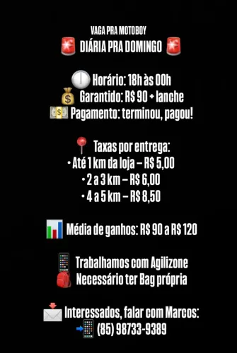 VAGA PRA MOTOBOY NA DIÁRIA