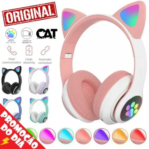 Fone Ouvido Bluetooth Sem Fio Cat Luz Led Rgb Orelha Gato Headphone Podcats Personalizado