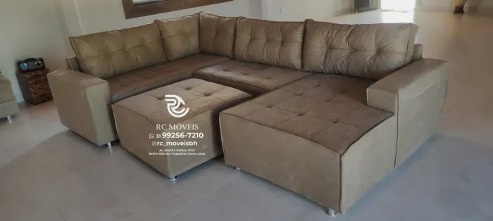 Sofá de canto Grande 3,10m com Chaise e Puff veludo macio D33 Premium - Aproveite!