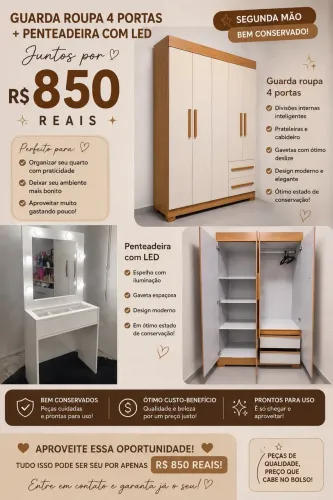 ? Guarda-roupa 4 portas + penteadeira com LED à venda! ?