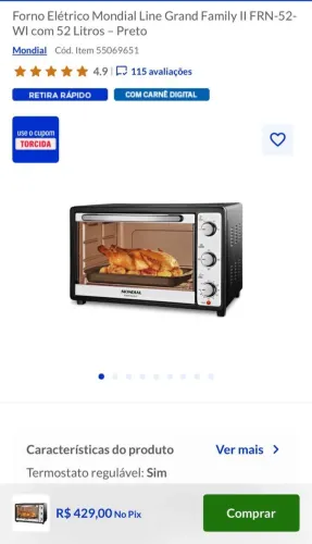 Forno elétrico mundial line grand family ll FRN-52-Wl com 52 litros - preta