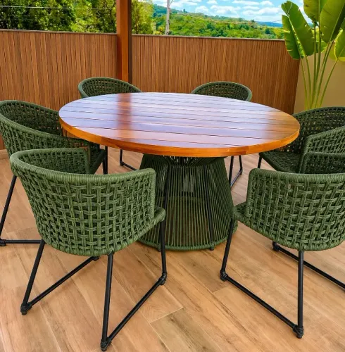 Mesa área gourmet com cadeiras em corda náutica 