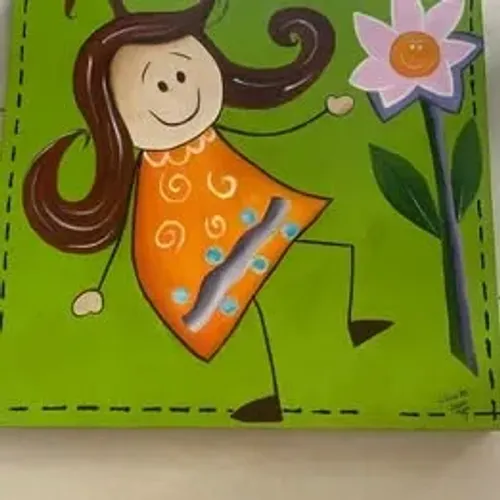 QUADRO PINTADO A MÃO - ALEGRIA EM BRINCAR NO JARDIM