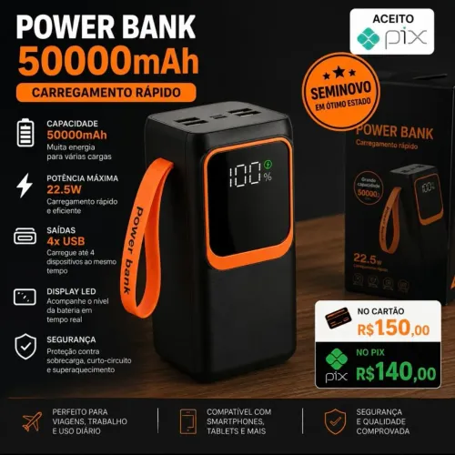 Power Bank 50.000mAh Seminovo - Carregamento Rápido 22.5W
