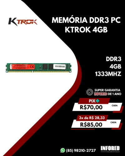 Memória DDR3 para PC Ktrok 4GB 1333MHz