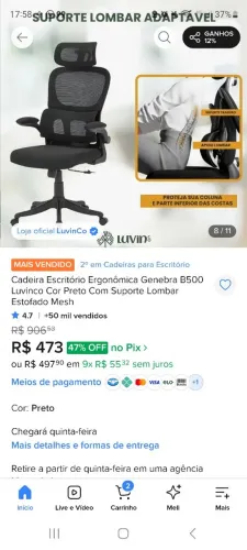 Cadeira de escritório ergonômica Genebra. B500 preto com suporte lombar e tela mesh