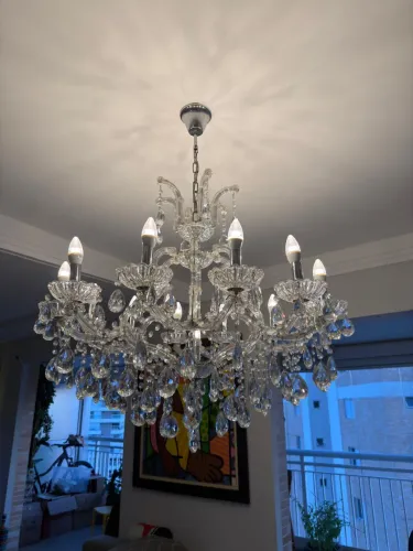 Lustre De Cristal Maria Teresa 6 braços 12 lâmpadas facetado em forma de gotas 