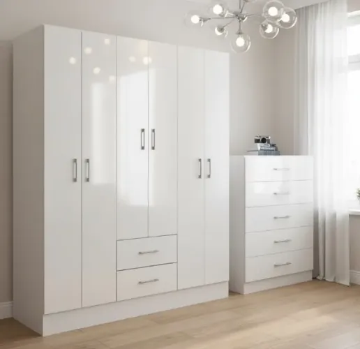 Conjunto Quarto Casal Essencial Guarda-Roupa 6 Portas e Cômoda 5 Gavetas Branco