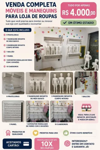 VENDO KIT COMPLETO DE MÓVEIS E MANEQUINS PARA LOJA DE ROUPAS