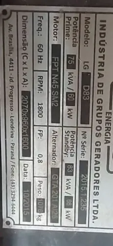 GERADOR DE ENERGIA LEAO 75 KVA
