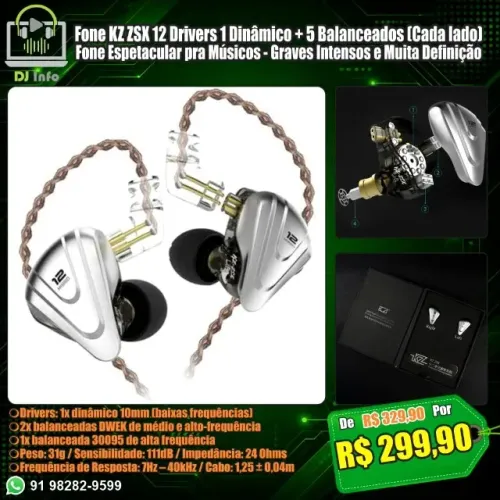 Fone KZ ZSX 12 Drivers 1 Dinâmico + 5 Balanceados (Cada lado) Fone Espetacular pra Músicos