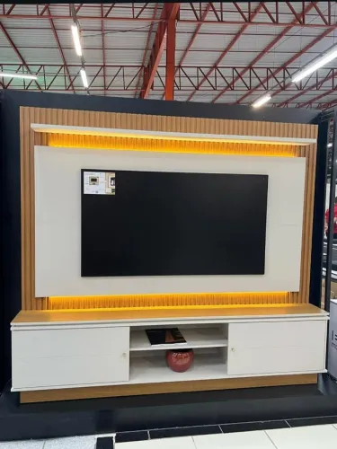 Rack Com Painel Tv Até 75 Led Flex Guararapes Ripado Freijó/Off  White  - Em Promoção 