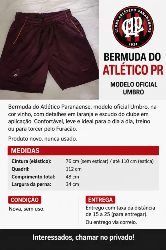 BERMUDA ATLÉTICO PARANAENSE UMBRO VINHO ? NOVA ? TAMANHO P