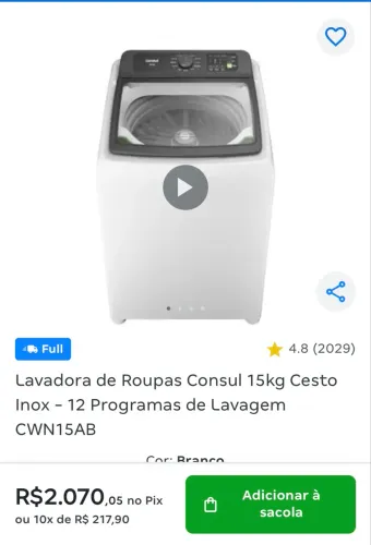 Lavadora de Roupas Consul 15kg Cesto Inox - 12 Programas de Lavagem CWN15AB