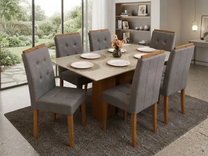 Mesa de Jantar Los Angeles com 6 Cadeiras Londres Linho Cinza NOVO.