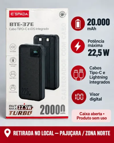 Power Bank E?SPADA 20.000 mAh 22,5W ? Aberto, sem uso
