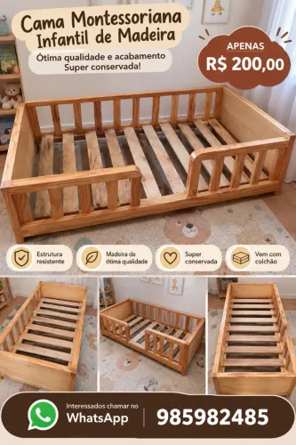 CAMA MONTESSORIANA INFANTIL DE MADEIRA - R$ 200